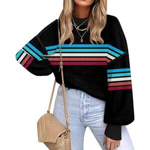 Women's Black Batwing Long Sleeve Crew Neck Striped Oversized Pullover Sweater